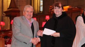 Thank you so much to St Anne’s Belfast Cathedral for making a very welcome grant of £800 to help us support children & young people. The 2015 Black Santa Sit-out raised a fabulous £195,000 which was distributed among 220 local charities at their Good Samaritan Service. At this years' service, the Dean was joined by local comedians John Linehan, Jimmy Cricket, Gene Fitzpatrick and William Caulfield who gave up their time to present cheques to the lucky charities. Madeline from MACS accepted our cheque from John Linehan (May McFettridge).